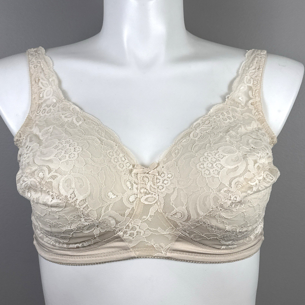 Vintage Sears Bra Size 42C Unlined Lace Semi-Sheer Cream Nylon Wireless 54325